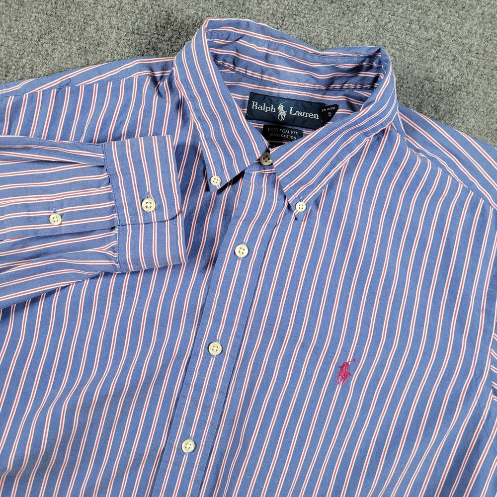 Ralph Lauren Shirt‎ Mens Extra Large Custom Fit Blue Red Stripe Button Down